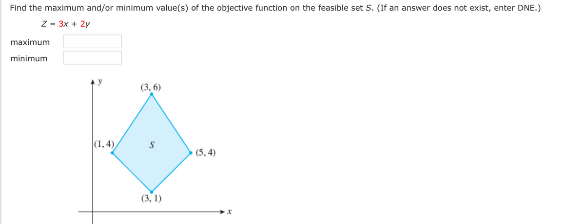 Find the maximum and/or minimum value(s) of the objective function on the feasible set S. (If an answer does not exist, enter DNE.)
Z = 3x + 2y
maximum
minimum
(3, 6)
|(1,4),
(5, 4)
(3, 1)
