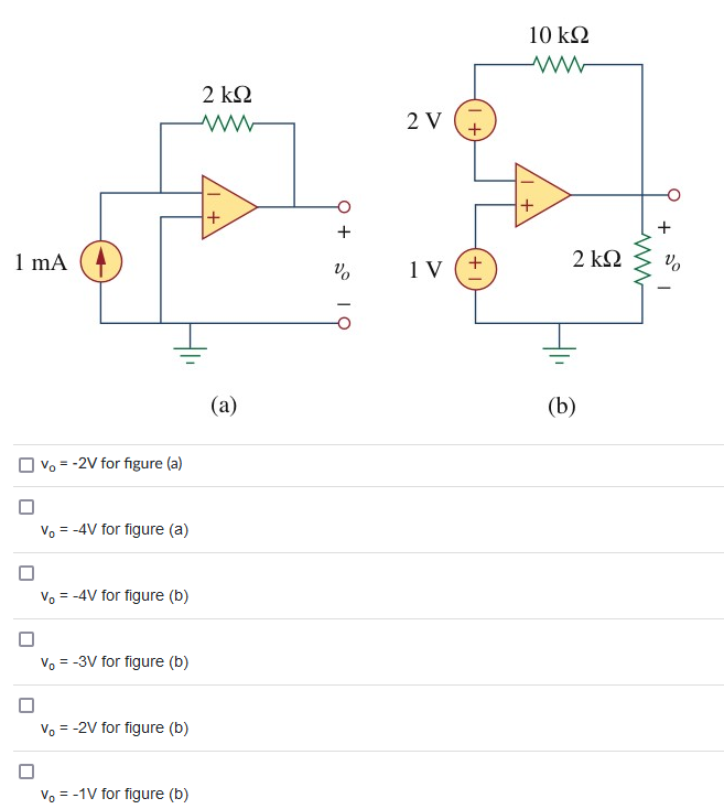 1 mA
Vo = -2V for figure (a)
Vo = -4V for figure (a)
Vo = -4V for figure (b)
V₁ = -3V for figure (b)
Vo = -2V for figure (b)
Vo = -1V for figure (b)
2 ΚΩ
ww
+
(a)
Q +
%
19
2 V
1 V
+1
10 kQ2
+
2 kQ2
(b)
ww
+
Vo