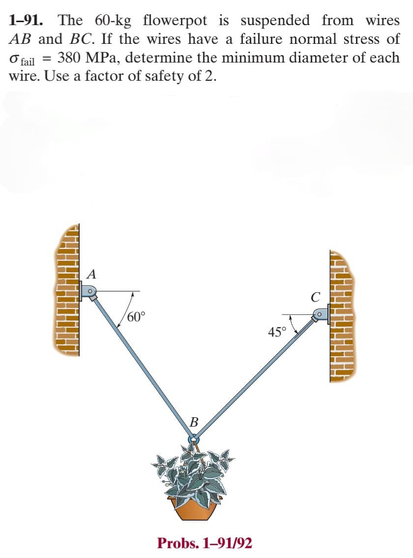 1-91. The 60-kg flowerpot is suspended from wires
AB and BC. If the wires have a failure normal stress of
o fail = 380 MPa, determine the minimum diameter of each
wire. Use a factor of safety of 2.
AP
60°
B
Probs. 1-91/92
45°