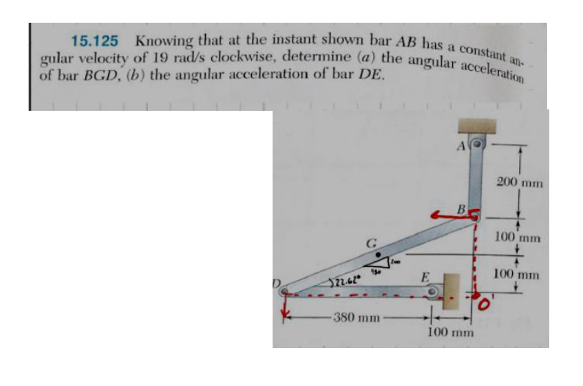 15.125 Knowing that at the instant shown bar AB has a constant an-
gular velocity of 19 rad/s clockwise, determine (a) the angular acceleration
of bar BGD, (b) the angular acceleration of bar DE.
3.22.62
G
380 mm
E
A
B
100 mm
0
200 mm
100 mm
100 mm