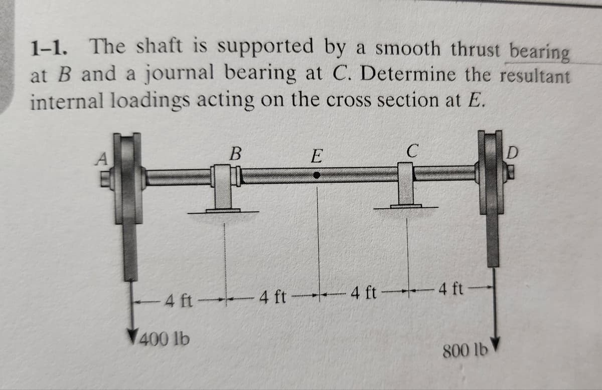1-1. The shaft is supported by a smooth thrust bearing
at B and a journal bearing at C. Determine the resultant
internal loadings acting on the cross section at E.
A
B
-4 ft 4 ft
400 lb
E
C
4 ft 4 ft
800 lb
D