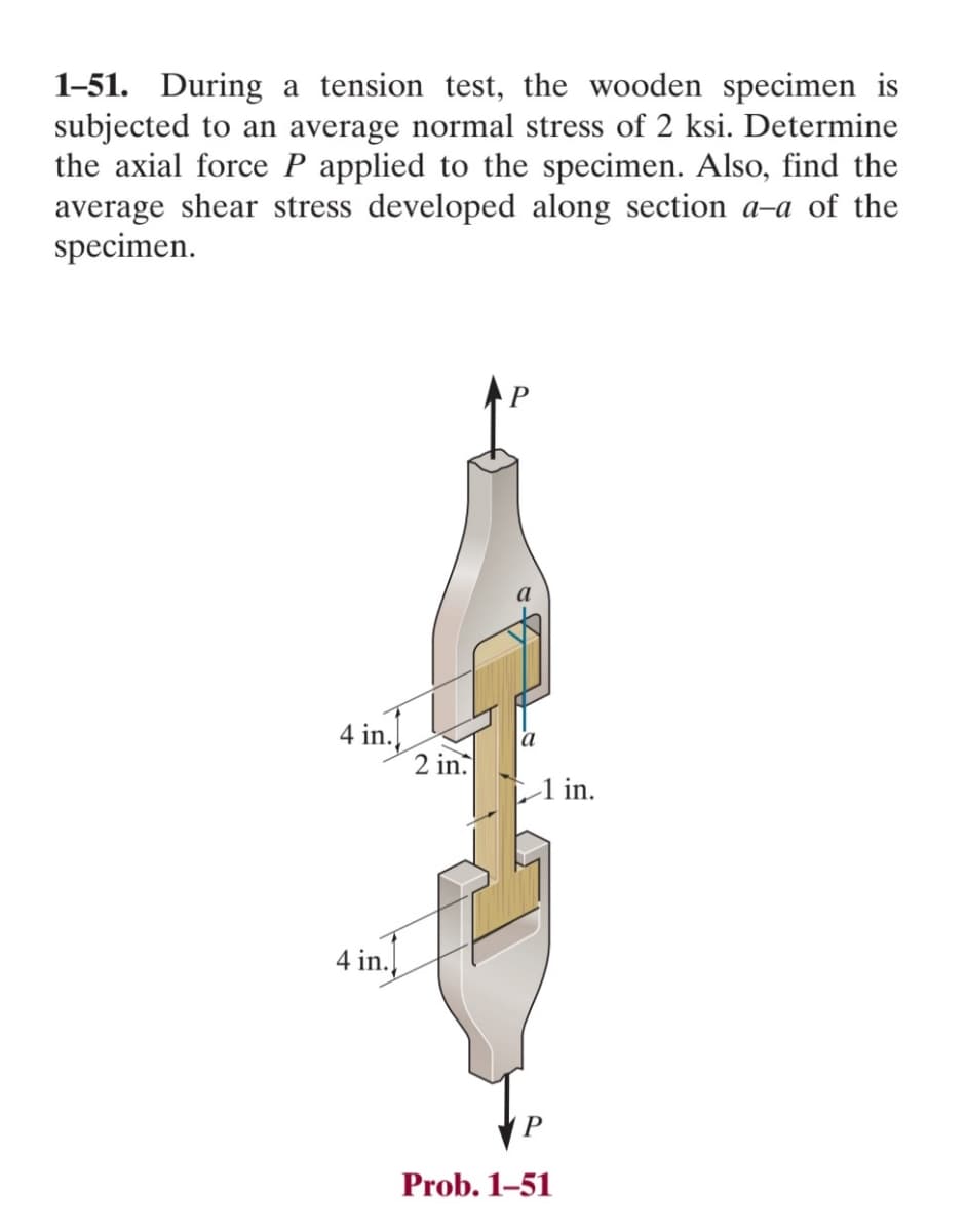 1-51. During a tension test, the wooden specimen is
subjected to an average normal stress of 2 ksi. Determine
the axial force P applied to the specimen. Also, find the
average shear stress developed along section a-a of the
specimen.
4 in.
2 in.
4 in.
1 in.
Prob. 1-51