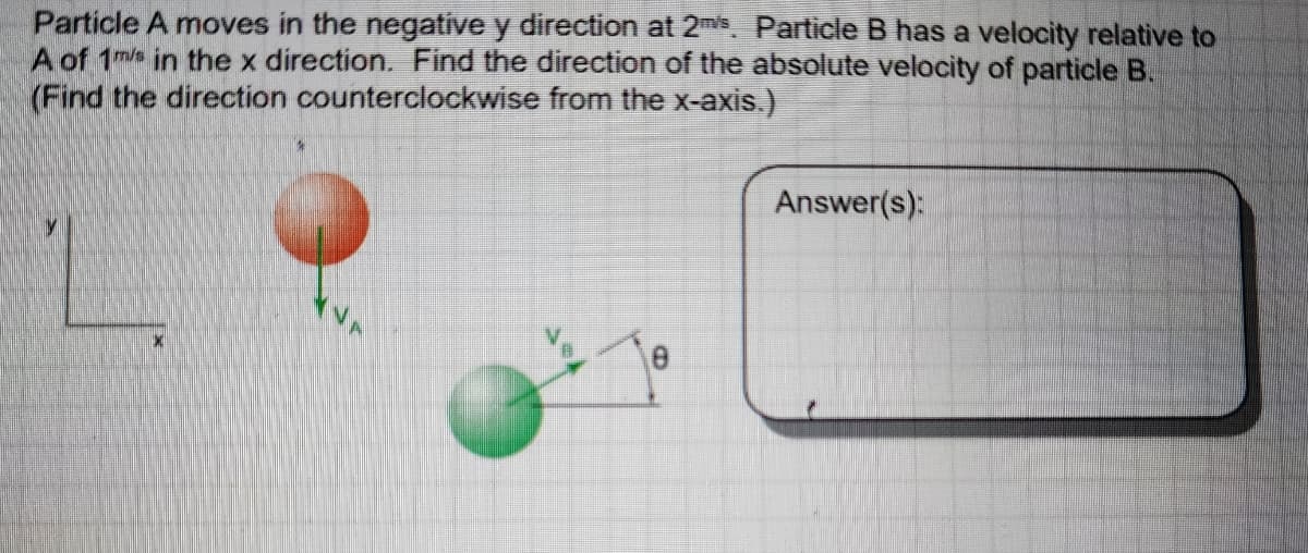 Particle A moves in the negative y direction at 2m/s. Particle B has a velocity relative to
A of 1m/s in the x direction. Find the direction of the absolute velocity of particle B.
(Find the direction counterclockwise from the x-axis.)
Answer(s):