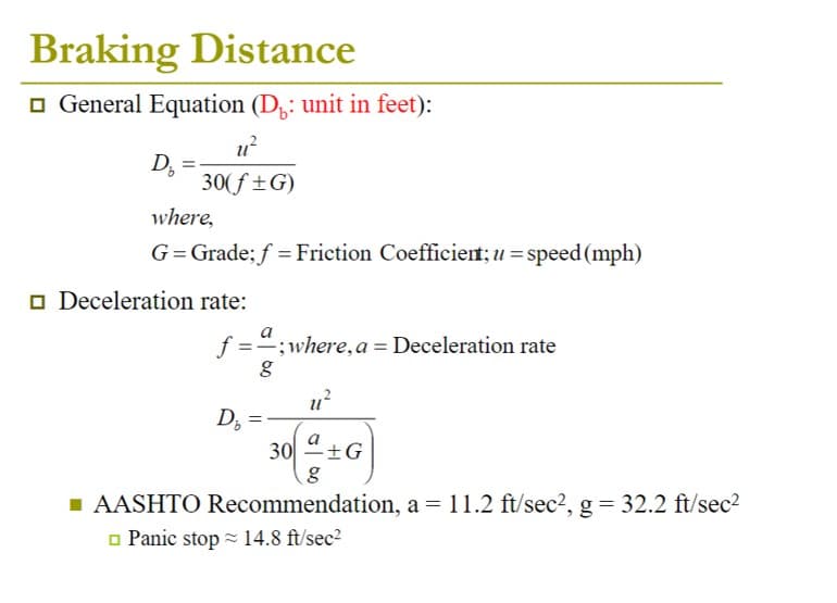 Braking Distance
General Equation (D: unit in feet):
D₂
u²
30(f±G)
where,
G = Grade; f = Friction Coefficient; u = speed (mph)
Deceleration rate:
f=;where, a = Deceleration rate
g
u²
30+G
g
■ AASHTO Recommendation, a = 11.2 ft/sec², g = 32.2 ft/sec²
Panic stop≈ 14.8 ft/sec²
D₂ =