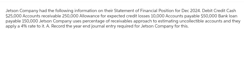 Jetson Company had the following information on their Statement of Financial Position for Dec 2024. Debit Credit Cash
$25,000 Accounts receivable 250,000 Allowance for expected credit losses 10,000 Accounts payable $50,000 Bank loan
payable 150,000 Jetson Company uses percentage of receivables approach to estimating uncollectible accounts and they
apply a 4% rate to it. A. Record the year end journal entry required for Jetson Company for this.