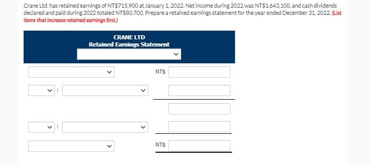 Crane Ltd. has retained earnings of NT$715,900 at January 1, 2022. Net income during 2022 was NT$1643,100, and cash dividends
declared and paid during 2022 totaled NT$80,700. Prepare a retained earnings statement for the year ended December 31, 2022. (List
items that increase retained earnings first.)
CRANE LTD
Retained Earnings Statement
NT$
NT$
>
