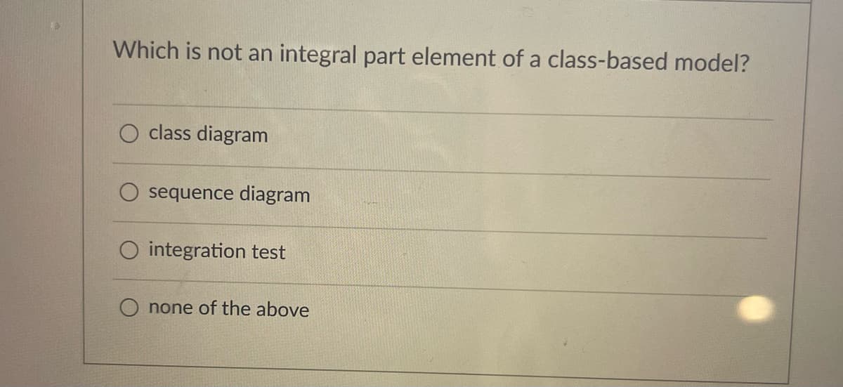 Which is not an integral part element of a class-based model?
class diagram
sequence diagram
integration test
none of the above