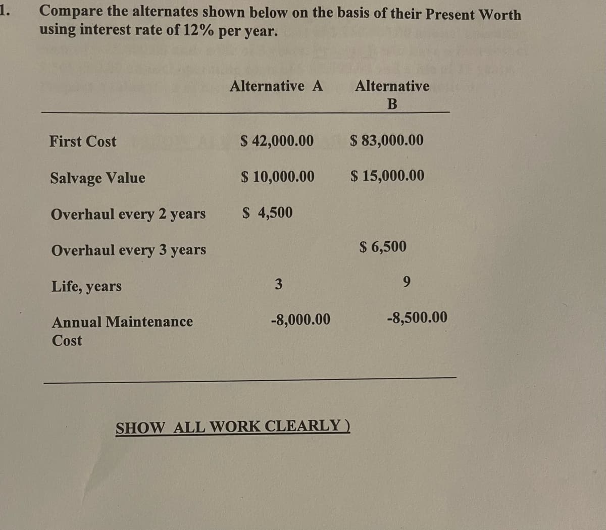 1.
Compare the alternates shown below on the basis of their Present Worth
using interest rate of 12% per year.
Alternative A
Alternative
B
First Cost
$ 42,000.00
$ 83,000.00
Salvage Value
$ 10,000.00
$ 15,000.00
Overhaul every 2 years
$ 4,500
Overhaul every 3 years
$ 6,500
Life, years
3
9
Annual Maintenance
-8,000.00
-8,500.00
Cost
SHOW ALL WORK CLEARLY)