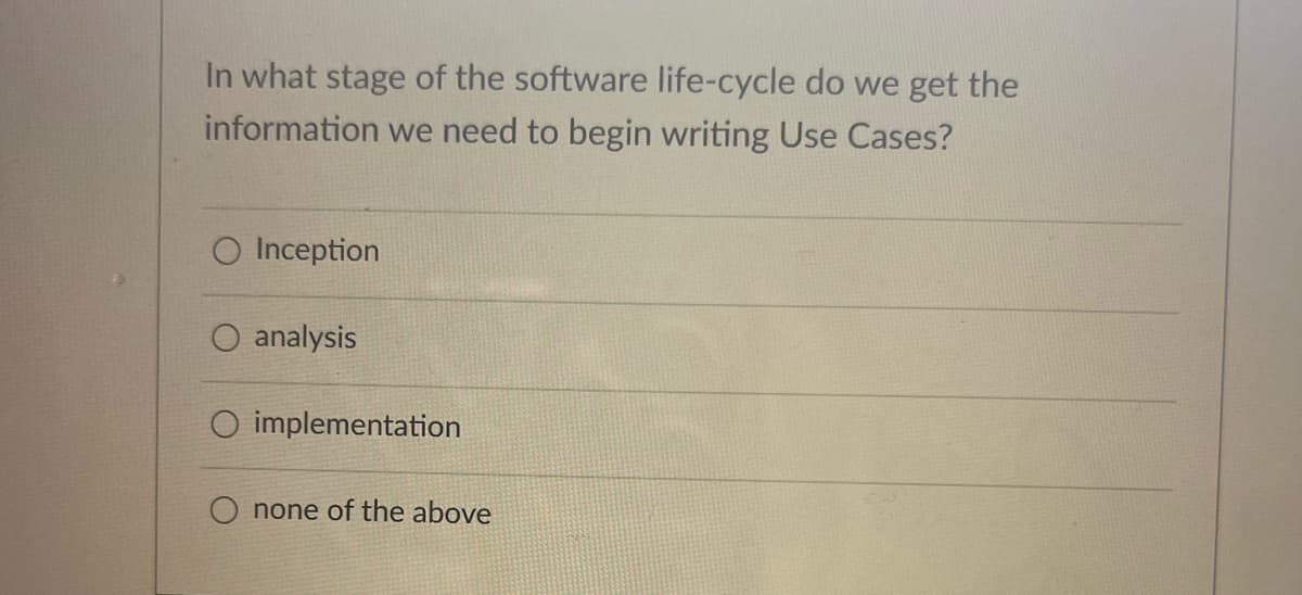 In what stage of the software life-cycle do we get the
information we need to begin writing Use Cases?
Inception
analysis
O implementation
none of the above
