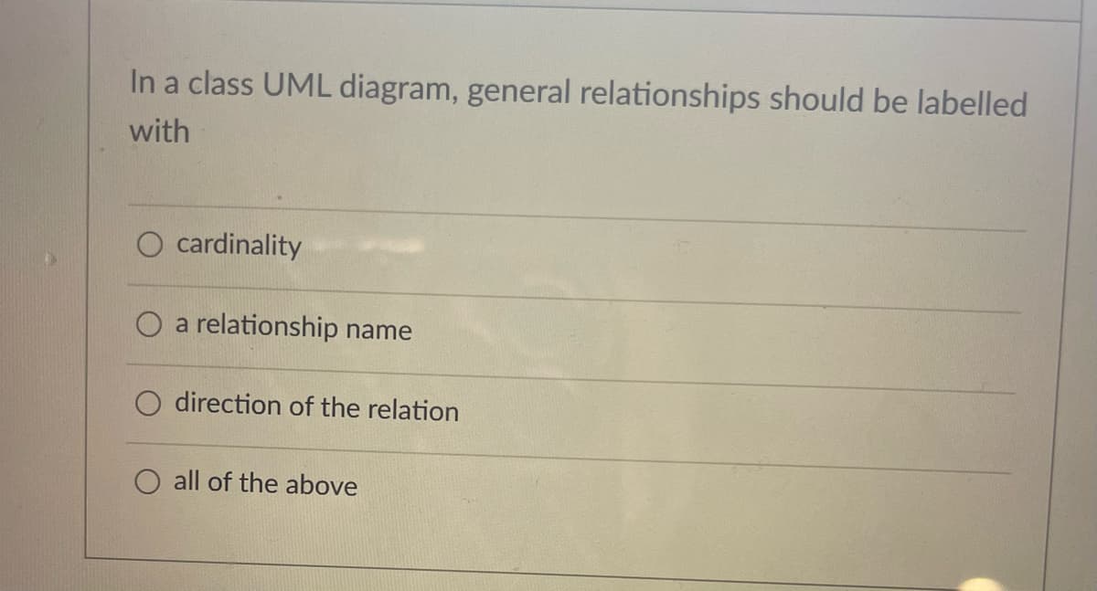 In a class UML diagram, general relationships should be labelled
with
O cardinality
O a relationship name
direction of the relation
all of the above