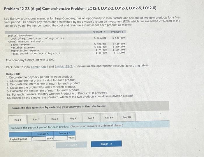 Problem 12-23 (Algo) Comprehensive Problem [LO12-1, LO12-2, LO12-3, LO12-5, LO12-6)
Lou Barlow, a divisional manager for Sage Company, has an opportunity to manufacture and sell one of two new products for a five-
year period. His annual pay raises are determined by his division's return on investment (ROI), which has exceeded 25% each of the
last three years. He has computed the cost and revenue estimates for each product as follows:
Initial investment:
Cost of equipment (zero salvage value)
Annual revenues and costs:
Sales revenues
variable expenses
Depreciation expense
Fixed out-of-pocket operating costs
Required:
1. Calculate the payback period for each product
2 Calculate the net present value for each product
Req 1
The company's discount rate is 19%
Click here to view Exhibit 128-1 and Exhibit 128-2. to determine the appropriate discount factor using tables
Payback period
Reg 3
3. Calculate the Internal rate of return for each product.
4. Calculate the profitability index for each product
5. Calculate the simple rate of return for each product.
6a. For each measure, identify whether Product A or Product B is preferred
6b. Based on the simple rate of return, which of the two products should Lou's division accept?
Complete this question by entering your answers in the tabs below.
Reg 4
years
Product A
$366,000
$ 400,000
$ 180,000
years
Reg GA
Req 2
Calculate the payback period for each product. (Round your answers to 2 decimal places.)
Product A
Product B
<Reg 1
$ 74,000
$ 85,000
Product B
Reg 5
$ 530,000
$ 510,000
$ 250,000
106,000
$
$ 72,000
Req 2 >
Reg 60