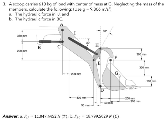 3. A scoop carries 610 kg of load with center of mass at G. Neglecting the mass of the
members, calculate the following: (Use g = 9.806 m/s²)
a. The hydraulic force in IJ, and
b. The hydraulic force in BC.
A
350 mm
30°
H
B
200 mm
300 mm
F
E
300 mm
G
-200 mm
100 mm
D
400 mm
-200 mm
200 mm
50 mm
50 mm
Answer: a. Fj = 11,047.4452 N (T); b. Fgc = 18,799.5029 N (C)
