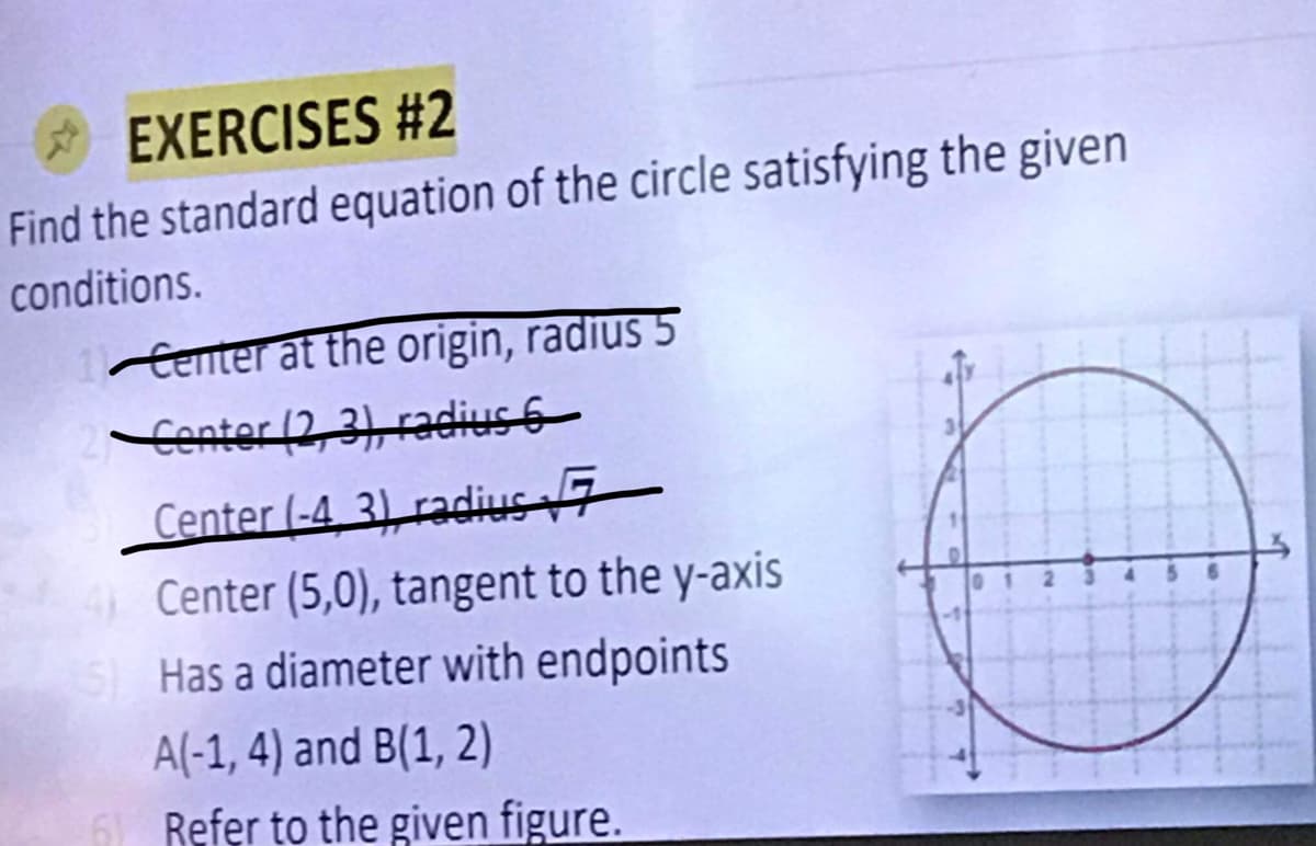 EXERCISES #2
Find the standard equation of the circle satisfying the given
conditions.
Center at the origin, radius 5
Contor (2, 3), radius 6
Center (-43) radius 5
Center (5,0), tangent to the y-axis
Has a diameter with endpoints
A(-1, 4) and B(1, 2)
6) Refer to the given figure.
