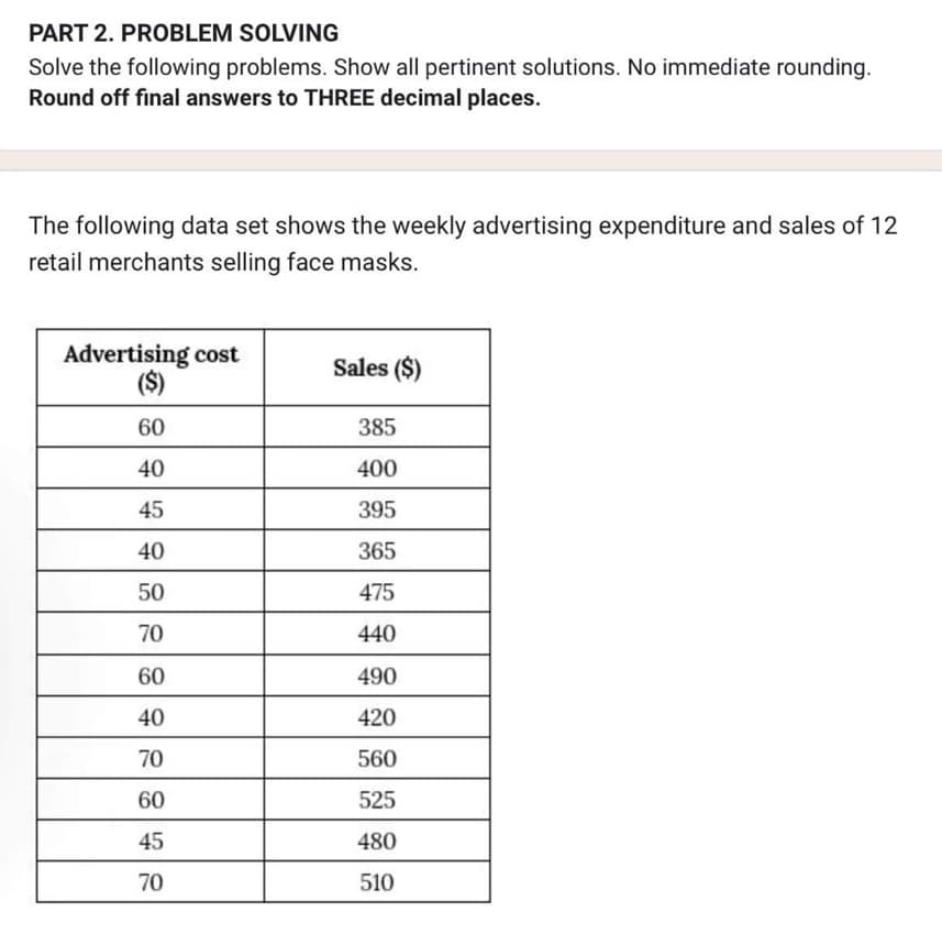 PART 2. PROBLEM SOLVING
Solve the following problems. Show all pertinent solutions. No immediate rounding.
Round off final answers to THREE decimal places.
The following data set shows the weekly advertising expenditure and sales of 12
retail merchants selling face masks.
Advertising cost
($)
60
40
45
40
50
70
60
40
70
60
45
70
Sales ($)
385
400
395
365
475
440
490
420
560
525
480
510