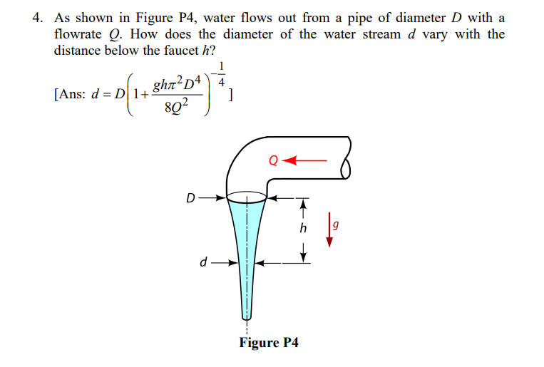 4. As shown in Figure P4, water flows out from a pipe of diameter D with a
flowrate Q. How does the diameter of the water stream d vary with the
distance below the faucet h?
[Ans: d = D 1+
1=1{1+
ghr²D4 4
80²
D-
d-
]
Figure P4