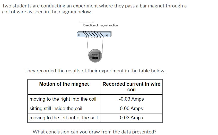 Two students are conducting an experiment where they pass a bar magnet through a
coil of wire as seen in the diagram below.
Direction of magnet motion
They recorded the results of their experiment in the table below:
Motion of the magnet
Recorded current in wire
coil
moving to the right into the coil
-0.03 Amps
sitting still inside the coil
0.00 Amps
moving to the left out of the coil
0.03 Amps
What conclusion can you draw from the data presented?

