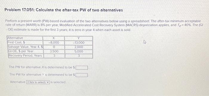 Problem 17.051: Calculate the after-tax PW of two alternatives
Perform a present worth (PW)-based evaluation of the two alternatives below using a spreadsheet The after-tax minimum acceptable
rate of return (MARR) is 8% per year, Modified Accelerated Cost Recovery System (MACRS) depreciation applies, and Te= 40%. The (GI
- OE) estimate is made for the first 3 years; it is zero in year 4 when each asset is sold.
Alternative
First Cost, $
Salvage Value, Year 4, S
GI-OE, $ per Year
8,000
-13,000
2,000
5,000
3,500
Recovery Period, Years
(3
3
The PW for alternative X is determined to be $
The PW for alternative Y is determined to be S
Alternative (Click to select) is selected
