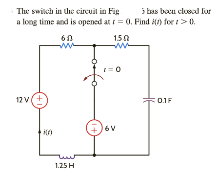 The switch in the circuit in Fig
5 has been closed for
a long time and is opened at t = 0. Find i(t) for t> 0.
602
ww
1.5 Ω
ww
1=0
12 V +
+1
i(t)
+6V
www
1.25 H
0.1 F