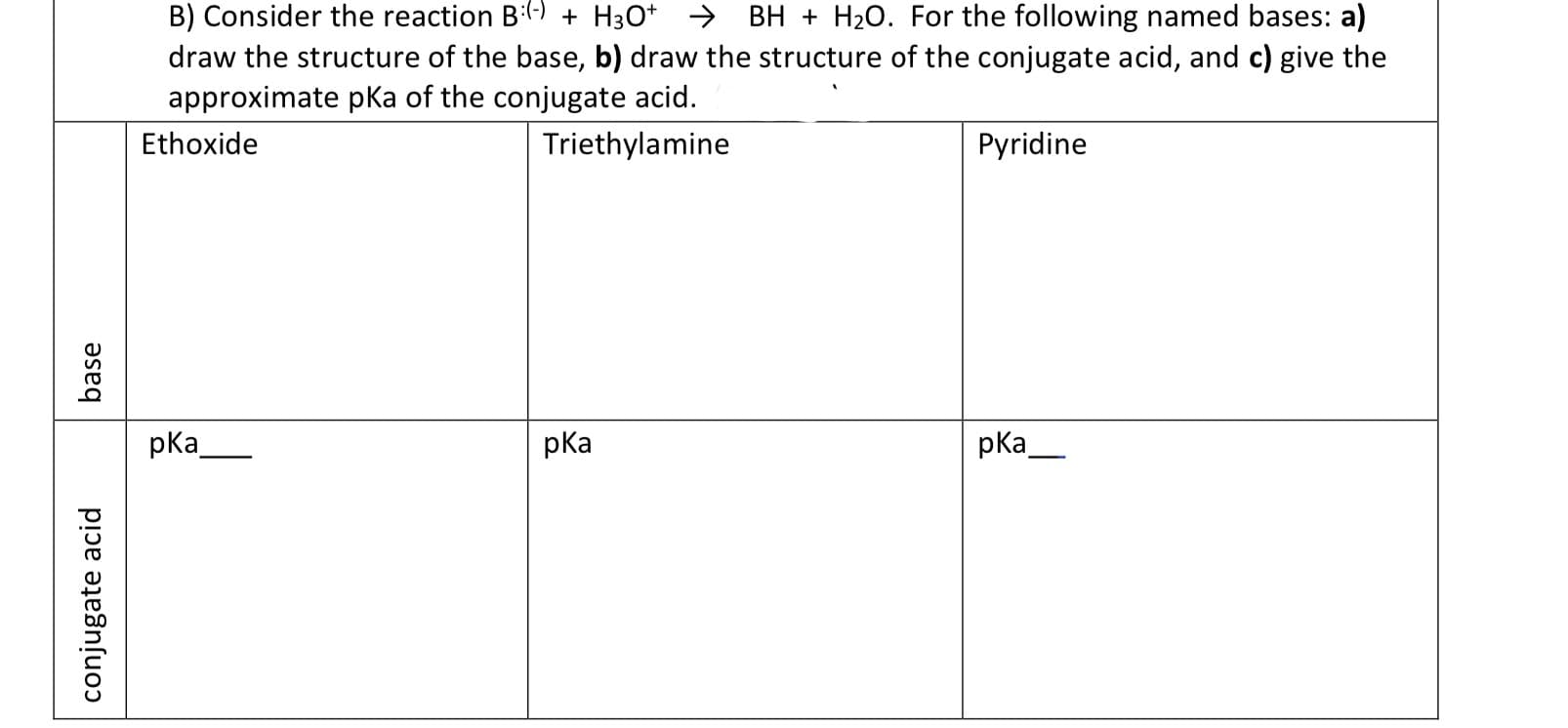 B) Consider the reaction Bi() + H3O* → BH + H20. For the following named bases: a)
draw the structure of the base, b) draw the structure of the conjugate acid, and c) give the
approximate pKa of the conjugate acid.
Ethoxide
Triethylamine
Pyridine
