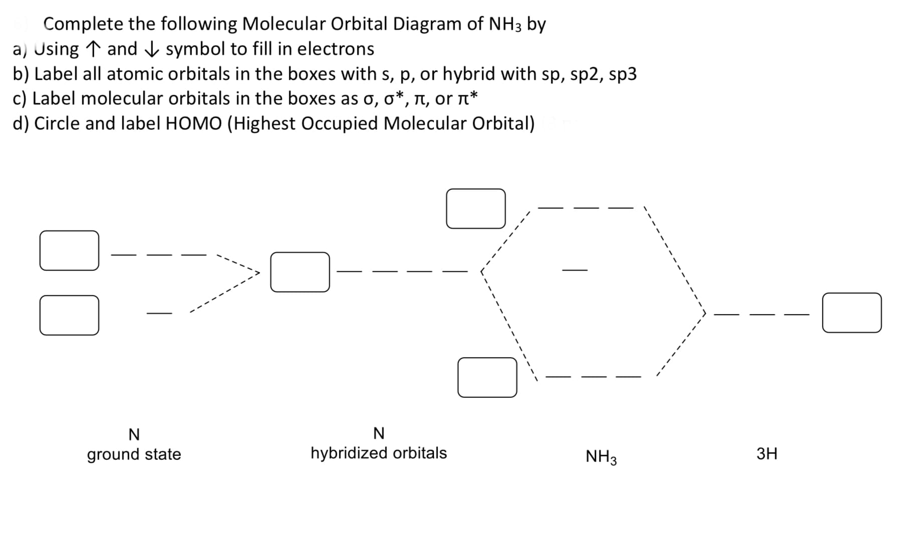 Complete the following Molecular Orbital Diagram of NH3 by
a) Using ↑ and V symbol to fill in electrons
b) Label all atomic orbitals in the boxes with s, p, or hybrid with sp, sp2, sp3
c) Label molecular orbitals in the boxes as o, o*, n, or n*
d) Circle and label HOMO (Highest Occupied Molecular Orbital)
