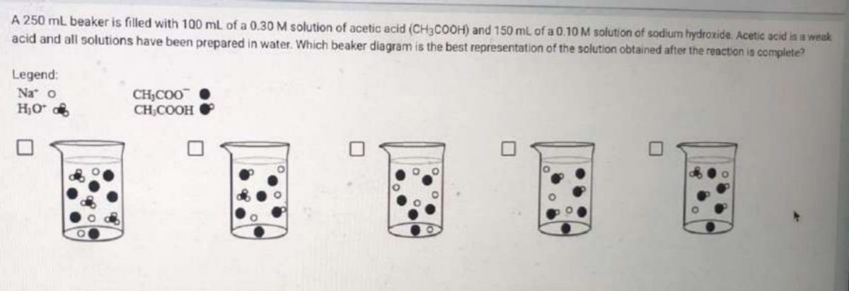 A 250 mL beaker is filled with 100 mL of a 0.30 M solution of acetic acid (CH3COOH) and 150 mL of a 0.10 M solution of sodium hydroxide. Acetic acid is a weak
acid and all solutions have been prepared in water. Which beaker diagram is the best representation of the solution obtained after the reaction is complete"
Legend:
Na o
H₂O*
CH₂COO
CH,COOH
B