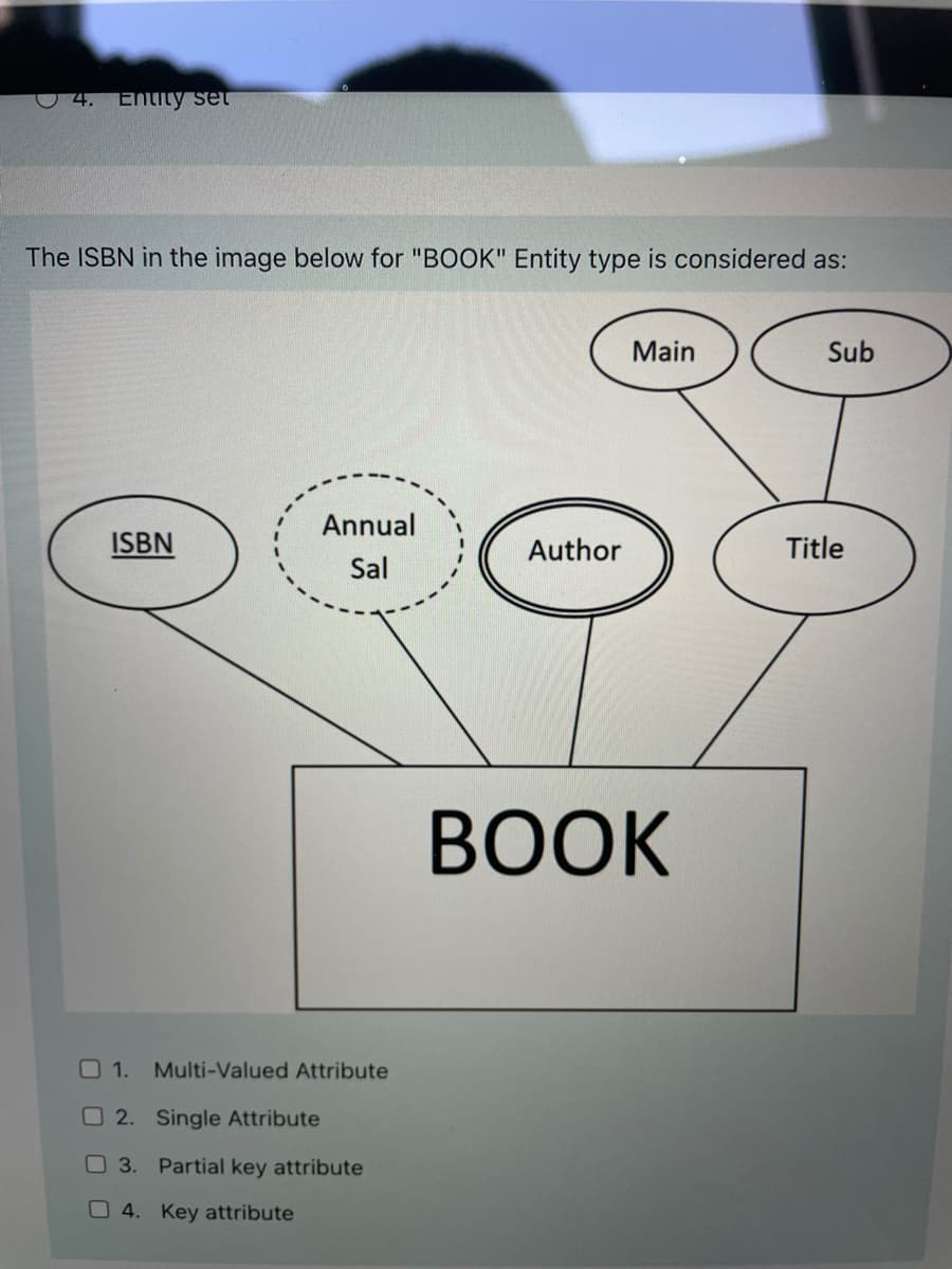 O 4. Entity set
The ISBN in the image below for "BOOK" Entity type is considered as:
Main
Sub
Annual
ISBN
Author
Title
Sal
ВОOK
O 1.
Multi-Valued Attribute
O 2. Single Attribute
3. Partial key attribute
4. Key attribute
