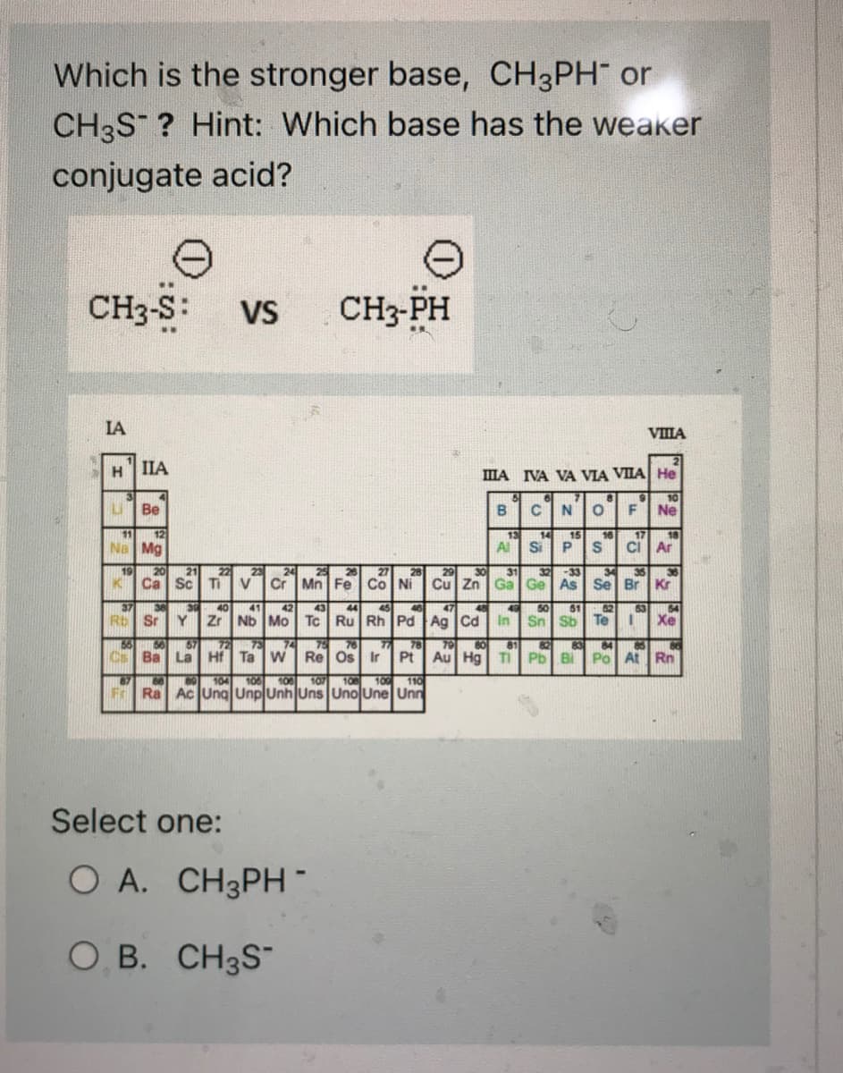Which is the stronger base, CH3PH or
CH3S? Hint: Which base has the weaker
conjugate acid?
CH3-S: VS
IA
Η | ΠΙΑ
LBe
11
12
Na Mg
CH3-PH
IIIA IVA VA VIA VILA He
9 10
B
68
80 104 106 106 107 108 100 110
Fr Ra Ac Ung Unp Unh Uns Uno Une Unn
Select one:
O A. CH3PH*
O B. CH3S™
51
13
Al
14
CNO F Ne
Si
15 16
S
"a
P
37 38
30
40 41 42
43
44 45
46
47 48
40 50
Rb Sr Y Zr Nb Mo Tc Ru Rh Pd Ag Cd In Sn Sb Te
VIILA
66
57
56
72
73
74
75
76
77 78 791 80
81
82
83
Cs Ba La Hf Ta W Re Os Ir Pt Au Hg Tl Pb Bi
22 23 24 25 26
27
28
29 30 31
32 -33
34 35
19 20 21
K Ca Sc Ti V Cr Mn Fe Co Ni Cu Zn Ga Ge As Se Br Kr
20 By By 30 E
17
CI Ar
18
61 62 63 54
I Xe
84
85
Po At Rn
86