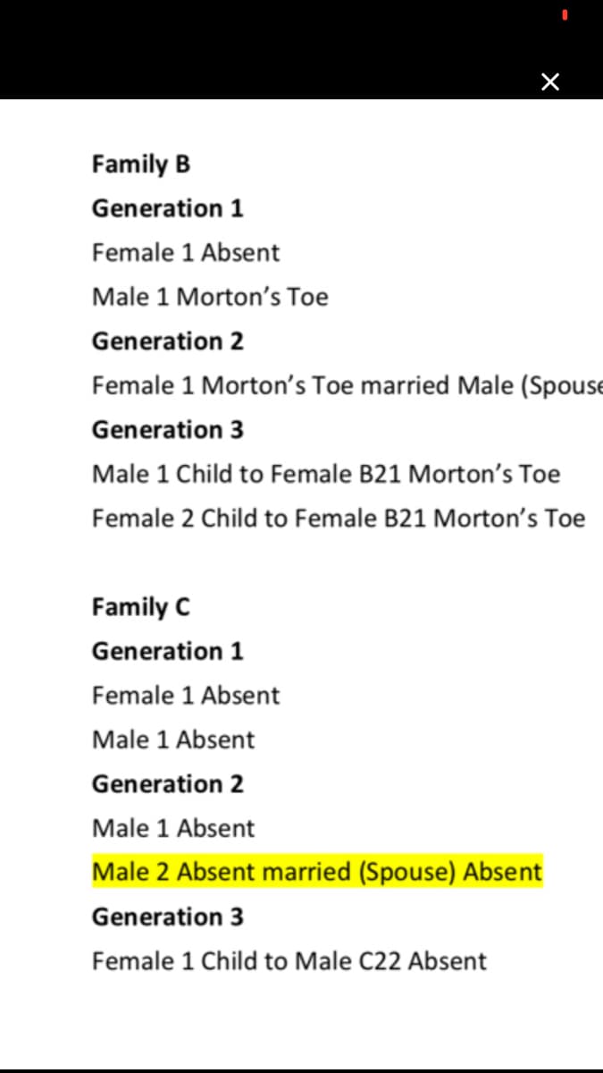 X
Family B
Generation 1
Female 1 Absent
Male 1 Morton's Toe
Generation 2
Female 1 Morton's Toe married Male (Spouse
Generation 3
Male 1 Child to Female B21 Morton's Toe
Female 2 Child to Female B21 Morton's Toe
Family C
Generation 1
Female 1 Absent
Male 1 Absent
Generation 2
Male 1 Absent
Male 2 Absent married (Spouse) Absent
Generation 3
Female 1 Child to Male C22 Absent