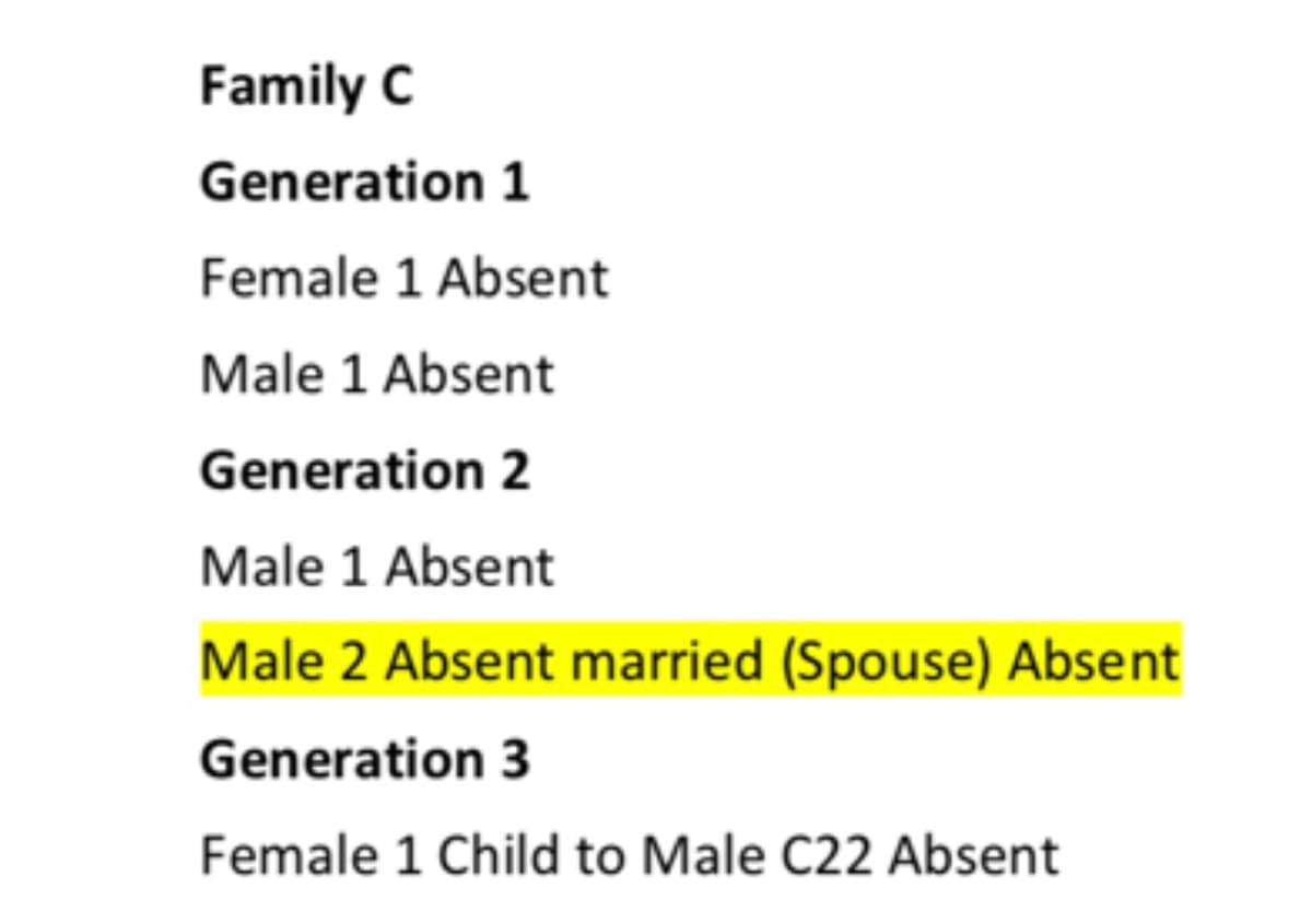 Family C
Generation 1
Female 1 Absent
Male 1 Absent
Generation 2
Male 1 Absent
Male 2 Absent married (Spouse) Absent
Generation 3
Female 1 Child to Male C22 Absent