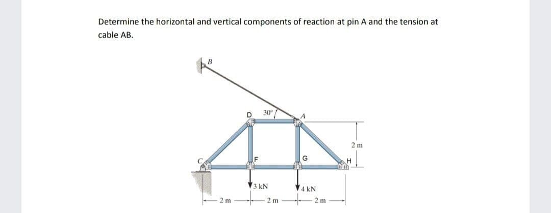 Determine the horizontal and vertical components of reaction at pin A and the tension at
cable AB.
2 m
D
F
30°
3 kN
2 m
G
4 kN
2 m
2 m
H