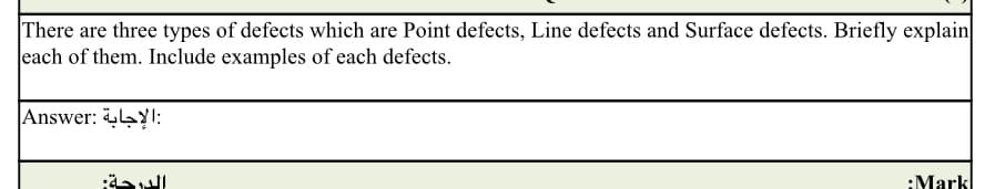 There are three types of defects which are Point defects, Line defects and Surface defects. Briefly explain
each of them. Include examples of each defects.
Answer: YI:
:Mark
