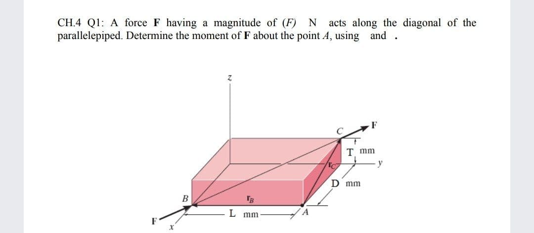 CH.4 Q1: A force F having a magnitude of (F) N
parallelepiped. Determine the moment of F about the point A, using and
acts along the diagonal of the
T mm
D mm
B
I'B
L mm

