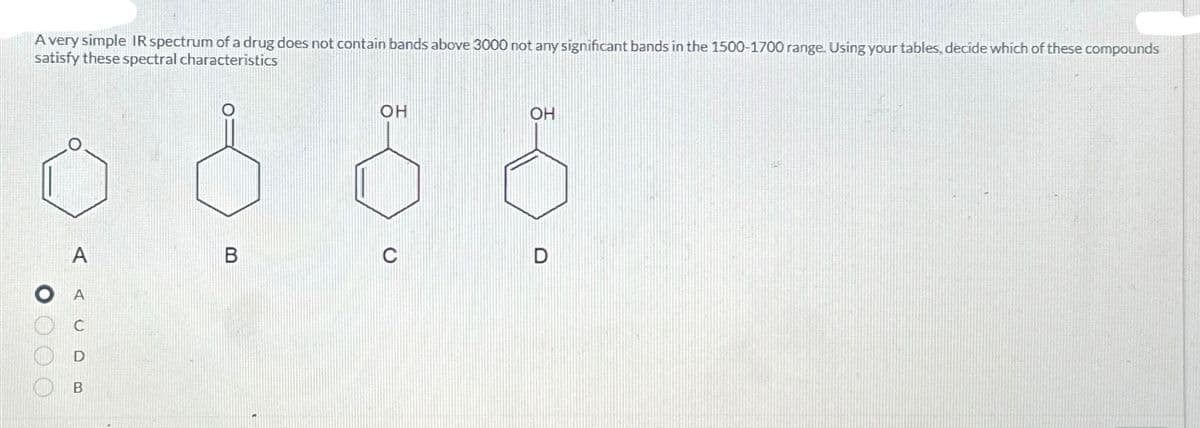 A very simple IR spectrum of a drug does not contain bands above 3000 not any significant bands in the 1500-1700 range. Using your tables, decide which of these compounds
satisfy these spectral characteristics
0000
B
в
ОН
C
ОН
D