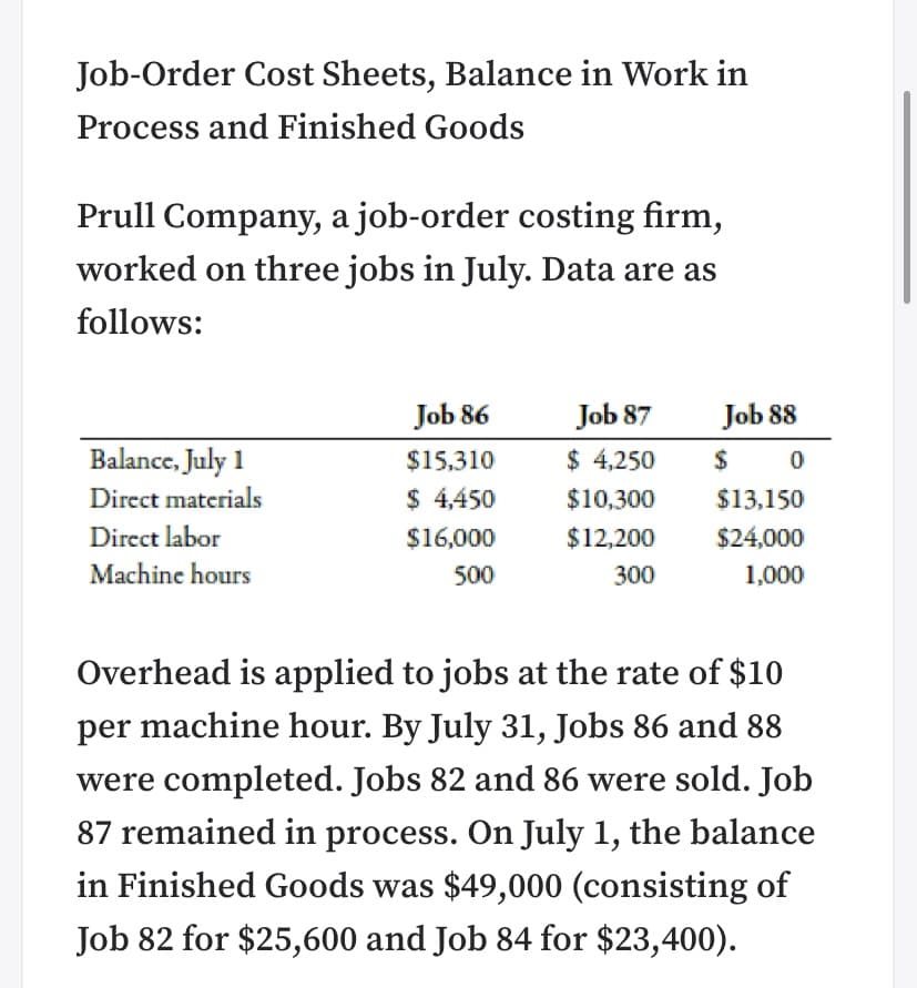 Job-Order Cost Sheets, Balance in Work in
Process and Finished Goods
Prull Company, a job-order costing firm,
worked on three jobs in July. Data are as
follows:
Job 86
Job 87
Job 88
Balance, July 1
$15,310
$ 4,250
2$
Direct materials
$ 4,450
$10,300
$13,150
Direct labor
$16,000
$12,200
$24,000
Machine hours
500
300
1,000
Overhead is applied to jobs at the rate of $10
machine hour. By July 31, Jobs 86 and 88
per
were completed. Jobs 82 and 86 were sold. Job
87 remained in process. On July 1, the balance
in Finished Goods was $49,000 (consisting of
Job 82 for $25,600 and Job 84 for $23,400).
