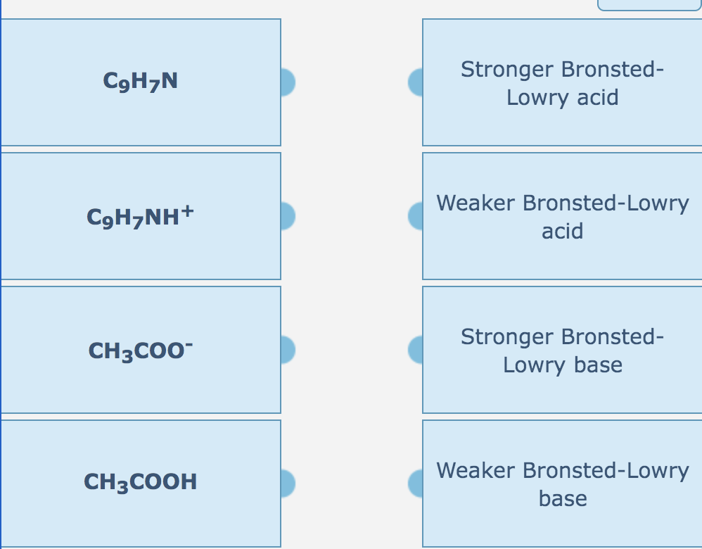 Stronger Bronsted-
Lowry acid
C9H7N
Weaker Bronsted-Lowry
C9H,NH+
acid
Stronger Bronsted-
Lowry base
CH3CO0-
Weaker Bronsted-Lowry
CH3COOH
base
