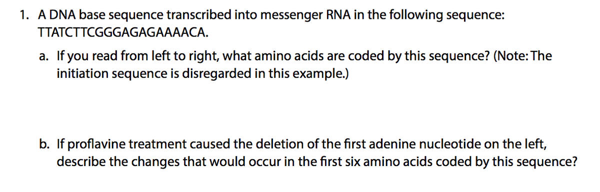 1. A DNA base sequence transcribed into messenger RNA in the following sequence:
TTATCTTCGGGAGAGAAAACA.
a. If you read from left to right, what amino acids are coded by this sequence? (Note: The
initiation sequence is disregarded in this example.)
b. If proflavine treatment caused the deletion of the first adenine nucleotide on the left,
describe the changes that would occur in the first six amino acids coded by this sequence?
