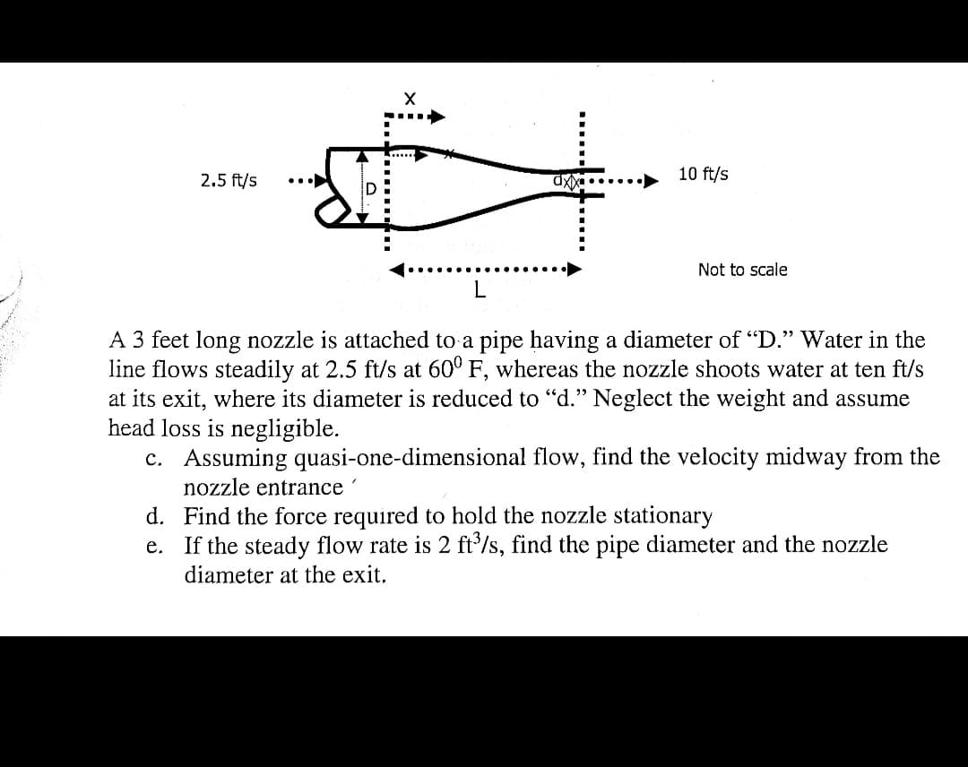 ...
....
2.5 ft/s
10 ft/s
dxx•....
Not to scale
A 3 feet long nozzle is attached to a pipe having a diameter of "D." Water in the
line flows steadily at 2.5 ft/s at 60° F, whereas the nozzle shoots water at ten ft/s
at its exit, where its diameter is reduced to "d." Neglect the weight and assume
head loss is negligible.
c. Assuming quasi-one-dimensional flow, find the velocity midway from the
nozzle entrance
d. Find the force required to hold the nozzle stationary
e. If the steady flow rate is 2 ft'/s, find the pipe diameter and the nozzle
diameter at the exit.
