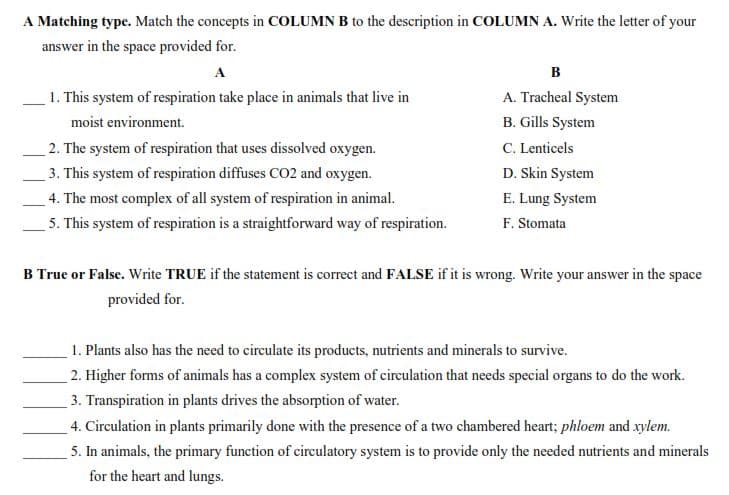 A Matching type. Match the concepts in COLUMN B to the description in COLUMN A. Write the letter of your
answer in the space provided for.
A
в
1. This system of respiration take place in animals that live in
A. Tracheal System
moist environment.
B. Gills System
2. The system of respiration that uses dissolved oxygen.
3. This system of respiration diffuses CO2 and oxygen.
C. Lenticels
D. Skin System
E. Lung System
F. Stomata
4. The most complex of all system of respiration in animal.
5. This system of respiration is a straightforward way of respiration.
B True or False. Write TRUE if the statement is correct and FALSE if it is wrong. Write your answer in the space
provided for.
1. Plants also has the need to circulate its products, nutrients and minerals to survive.
2. Higher forms of animals has a complex system of circulation that needs special organs to do the work.
3. Transpiration in plants drives the absorption of water.
4. Circulation in plants primarily done with the presence of a two chambered heart; phloem and xylem.
5. In animals, the primary function of circulatory system is to provide only the needed nutrients and minerals
for the heart and lungs.
