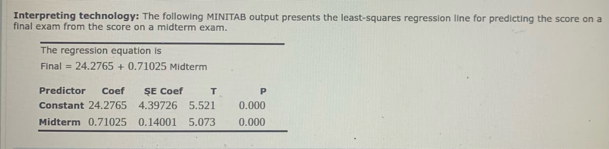 Interpreting technology: The following MINITAB output presents the least-squares regression line for predicting the score on a
final exam from the score on a midterm exam.
The regression equation is
Final = 24.2765 + 0.71025 Midterm
Predictor
Coef
ŞE Coef
T
Constant 24.2765 4.39726
5.521
0.000
Midterm 0.71025 0.14001
5.073
0.000
