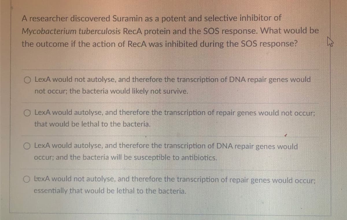 A researcher discovered Suramin as a potent and selective inhibitor of
Mycobacterium tuberculosis RecA protein and the SOS response. What would be
the outcome if the action of RecA was inhibited during the SOS response?
O LexA would not autolyse, and therefore the transcription of DNA repair genes would
not occur; the bacteria would likely not survive.
O LexA would autolyse, and therefore the transcription of repair genes would not occur;
that would be lethal to the bacteria.
LexA would autolyse, and therefore the transcription of DNA repair genes would
occur; and the bacteria will be susceptible to antibiotics.
LexA would not autolyse, and therefore the transcription of repair genes would occur;
essentially that would be lethal to the bacteria.