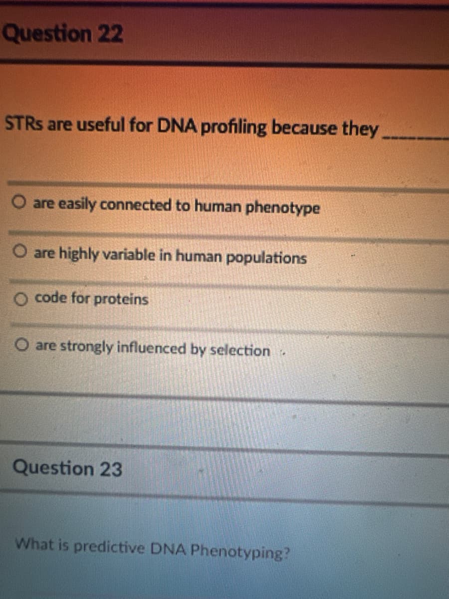 Question 22
STRs are useful for DNA profiling because they
O are easily connected to human phenotype
O are highly variable in human populations
O code for proteins
O are strongly influenced by selection
Question 23
What is predictive DNA Phenotyping?