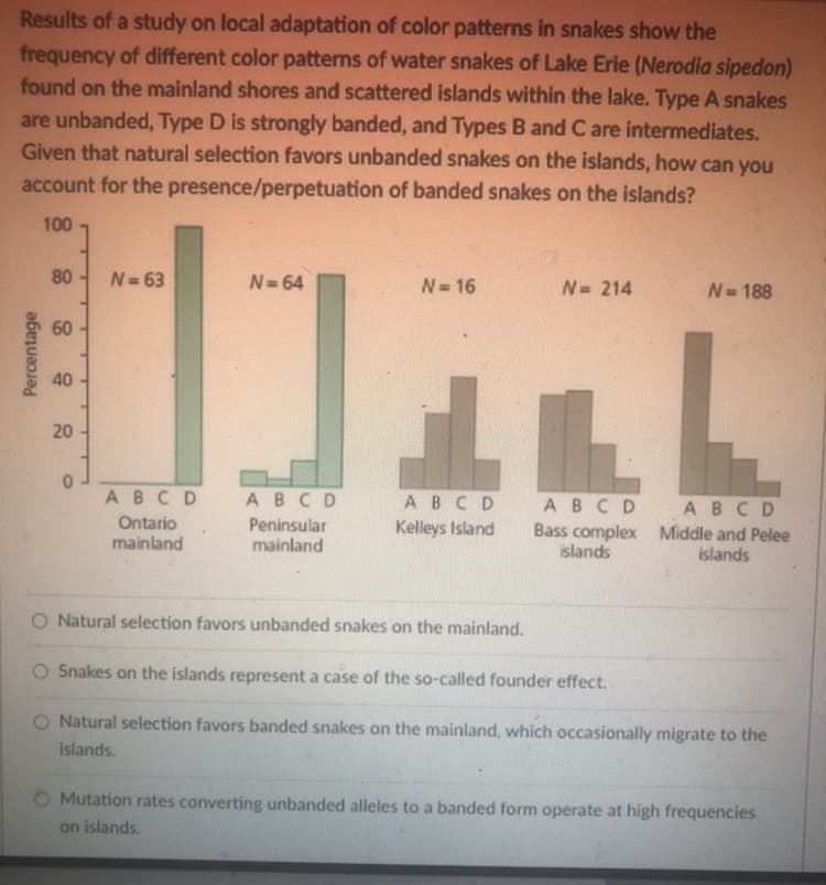 Results of a study on local adaptation of color patterns in snakes show the
frequency of different color patterns of water snakes of Lake Erie (Nerodia sipedon)
found on the mainland shores and scattered islands within the lake. Type A snakes
are unbanded, Type D is strongly banded, and Types B and C are intermediates.
Given that natural selection favors unbanded snakes on the islands, how can you
account for the presence/perpetuation of banded snakes on the islands?
100
Percentage
80 N=63
60
40
20
0
ABCD
Ontario
mainland
N=64
A B C D
Peninsular
mainland
N=16
ABCD
Kelleys Island
N= 214
A B C D
Bass complex
islands
N=188
L
ABCD
Middle and Pelee
islands
O Natural selection favors unbanded snakes on the mainland.
O Snakes on the islands represent a case of the so-called founder effect.
O Natural selection favors banded snakes on the mainland, which occasionally migrate to the
islands.
O Mutation rates converting unbanded alleles to a banded form operate at high frequencies
on islands.