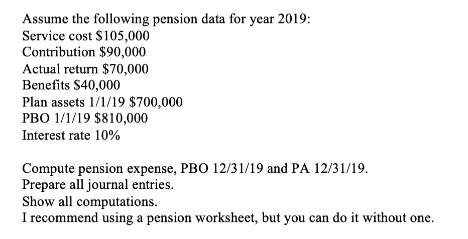 Assume the following pension data for year 2019:
Service cost $105,000
Contribution $90,000
Actual return $70,000
Benefits $40,000
Plan assets 1/1/19 $700,000
PBO 1/1/19 $810,000
Interest rate 10%
Compute pension expense, PBO 12/31/19 and PA 12/31/19.
Prepare all journal entries.
Show all computations.
I recommend using a pension worksheet, but you can do it without one.
