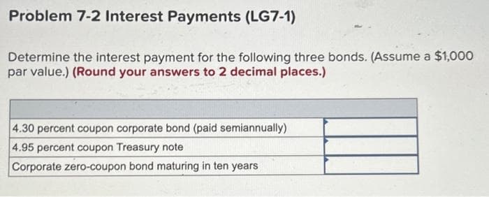 Problem 7-2 Interest Payments (LG7-1)
Determine the interest payment for the following three bonds. (Assume a $1,000
par value.) (Round your answers to 2 decimal places.)
4.30 percent coupon corporate bond (paid semiannually)
4.95 percent coupon Treasury note
Corporate zero-coupon bond maturing in ten years