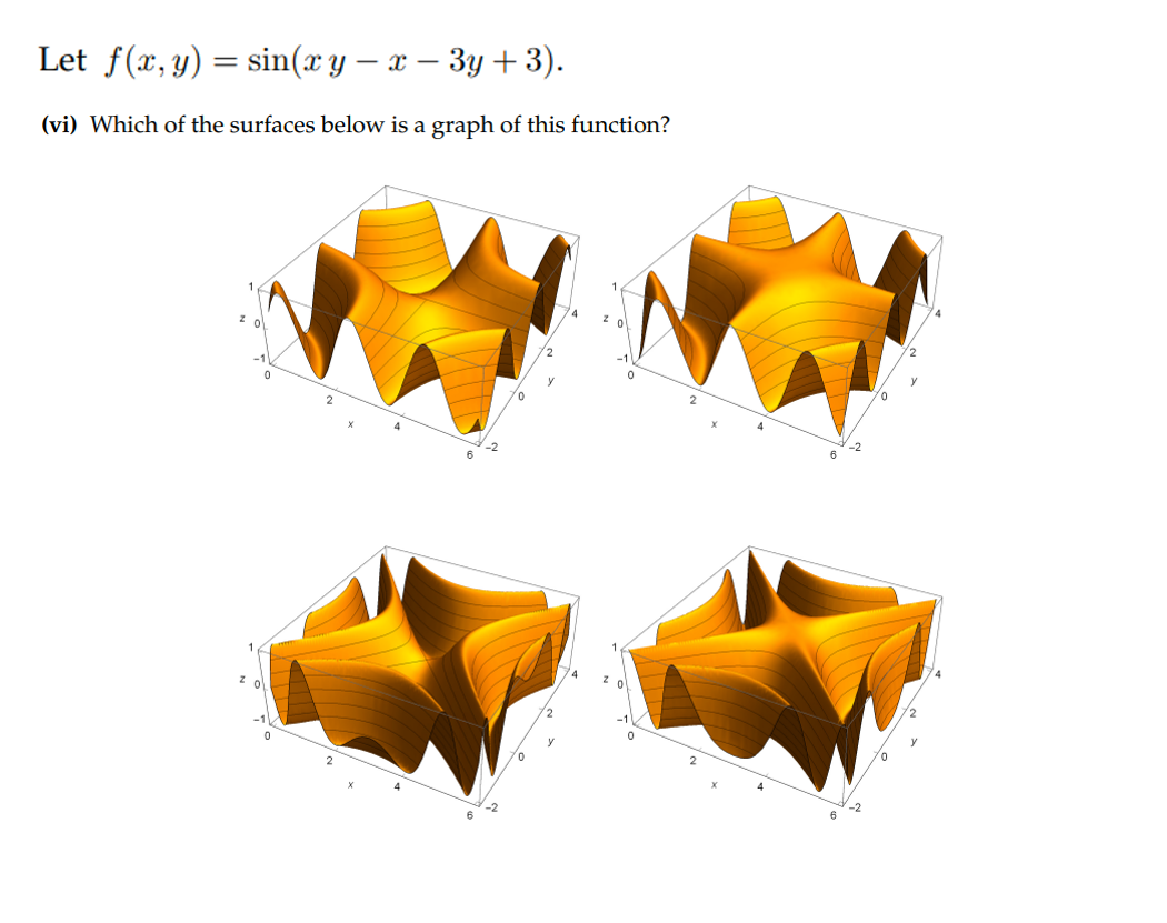 Let f(x, y)=sin(xy - x-3y+3).
(vi) Which of the surfaces below is a graph of this function?
z ol
0