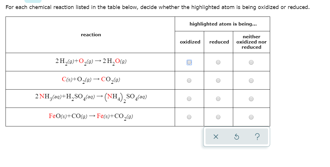 For each chemical reaction listed in the table below, decide whether the highlighted atom is being oxidized or reduced
highlighted atom is being...
reaction
neither
oxidized nor
reduced
oxidized
reduced
2H,(0)+02(0)2H20)
C(s)+02()CO2(0)
2NH,(0)+H,SO4() -(NH),so,()
FeO(s)+CO(g)Fe(s)+CO2(g)
?
X

