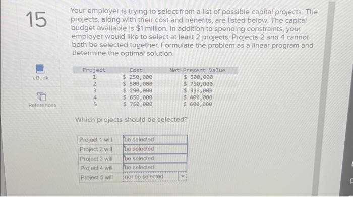 15
eBook
References
Your employer is trying to select from a list of possible capital projects. The
projects, along with their cost and benefits, are listed below. The capital
budget available is $1 million. In addition to spending constraints, your
employer would like to select at least 2 projects. Projects 2 and 4 cannot
both be selected together. Formulate the problem as a linear program and
determine the optimal solution.
Project
1234 in
2
5
Project 1 will
Project 2 will
Cost
$ 250,000
$ 500,000
$ 290,000
$ 650,000
$ 750,000
Which projects should be selected?
Project 3 will
Project 4 will
Project 5 will
be selected
be selected
Net Present Value
$ 500,000
$ 750,000
$ 333,000
$ 400,000
$ 600,000
be selected
be selected
not be selected
F
