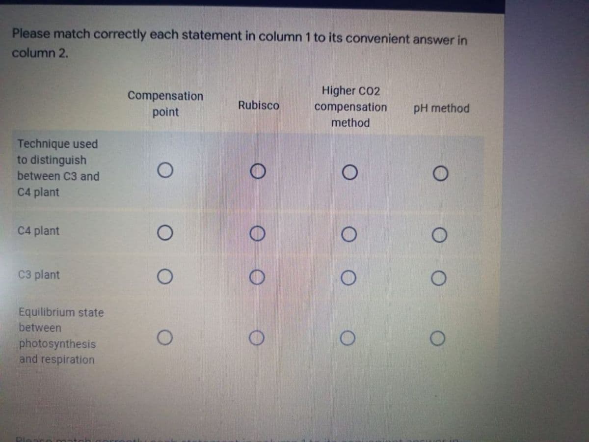 Please match correctly each statement in column 1 to its convenient answer in
column 2.
Compensation
Rubisco
Higher CO2
compensation
method
pH method
point
Technique used
to distinguish
between C3 and
C4 plant
C4 plant
C3 plant
Equilibrium state
between
photosynthesis
and respiration
о оо
оо
O
оо
O
O