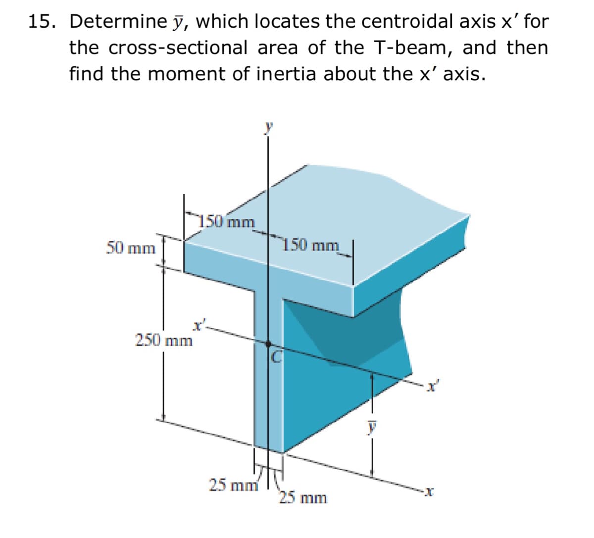 15. Determine y, which locates the centroidal axis x' for
the cross-sectional area of the T-beam, and then
find the moment of inertia about the x' axis.
150 mm
150 mm
50 mm
x'-
250 mm
25 mm
25 mm
