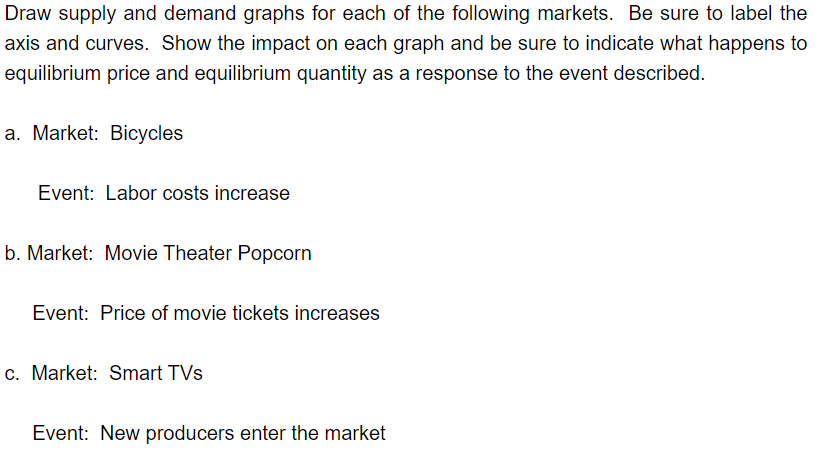 Draw supply and demand graphs for each of the following markets. Be sure to label the
axis and curves. Show the impact on each graph and be sure to indicate what happens to
equilibrium price and equilibrium quantity as a response to the event described.
a. Market: Bicycles
Event: Labor costs increase
b. Market: Movie Theater Popcorn
Event: Price of movie tickets increases
c. Market: Smart TVs
Event: New producers enter the market